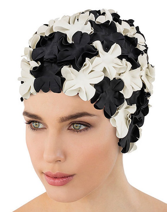 Retro Style Swim Cap Fashy Swimming Hat Black White Petal Swim