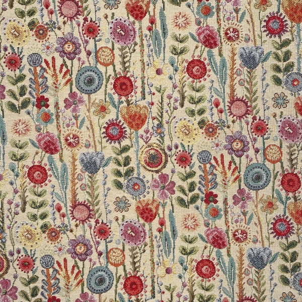 Medium - Heavy Weight Tapestry Upholstery Fabric 'Kew Gardens' Beautiful Floral Design on Natural Per Metre - 140 cm- 55" Wide