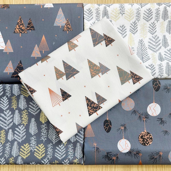 Fat Quarter Bundle - Christmas Grey Cream Rose Gold Xmas Baubles Trees Cotton Craft Fabric Material