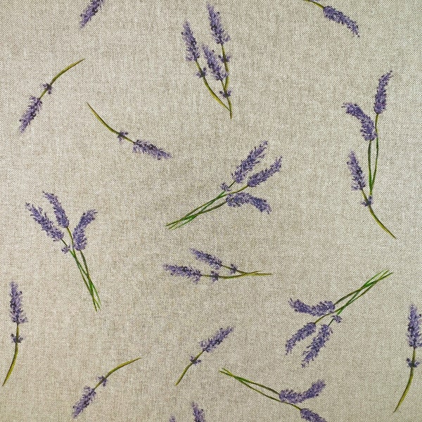 Tissu d'ameublement - Fleurs de lavande sur tissu artisanal aspect lin naturel