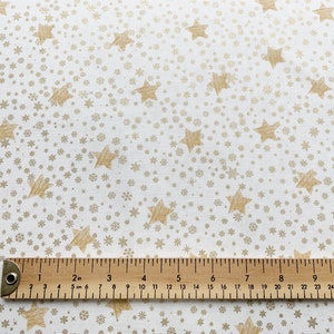 Christmas Fabric by the Metre | Ivory & Gold Foil Star Print | 100% Cotton Poplin (P295)