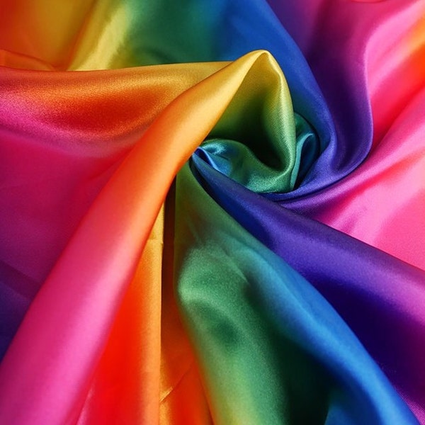 Rainbow Satin Fabric - Bright Multi Colour Costume Craft Fabric Material Metre