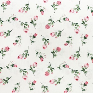 100% Cotton Poplin Fabric - Pretty Pink Rose Bud Floral Print on Ivory - Craft Fabric Material by the Metre (CP0456IVORY)
