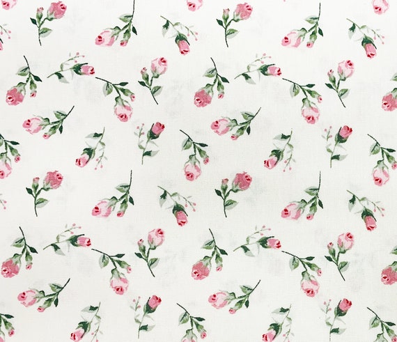 100% Cotton Poplin Fabric Pretty Pink Rose Bud Floral Print on