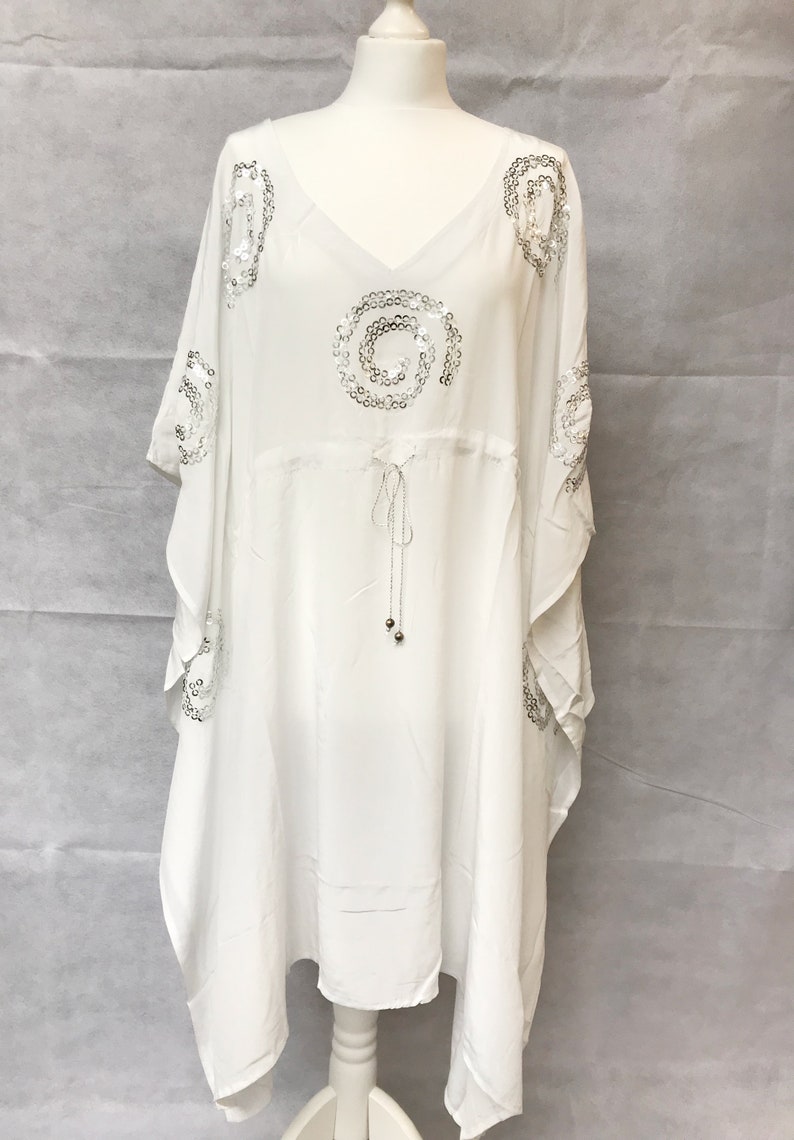 100 Silk Ivory Kaftan Beach Cover up With Silver Swirl Sequin Etsy UK