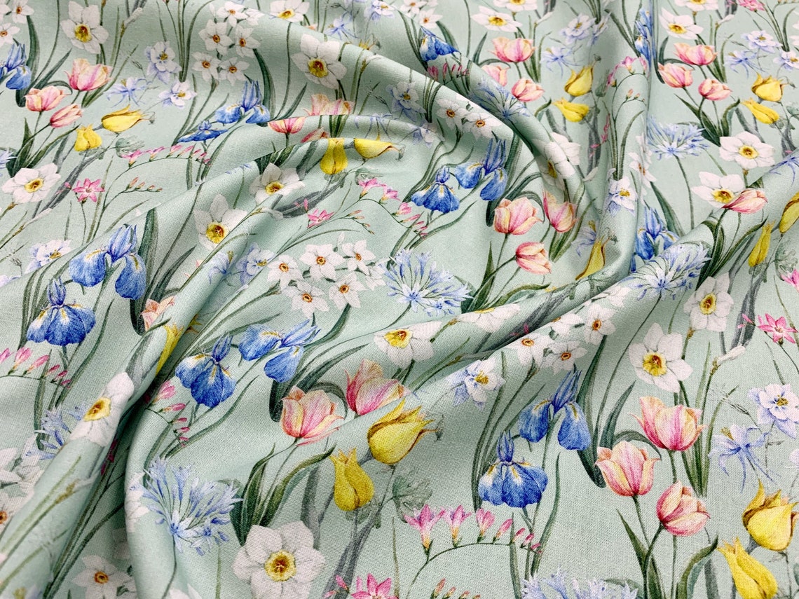 Spring Floral Fabric Daffodils Iris Poppy Print Fabric 100 Etsy
