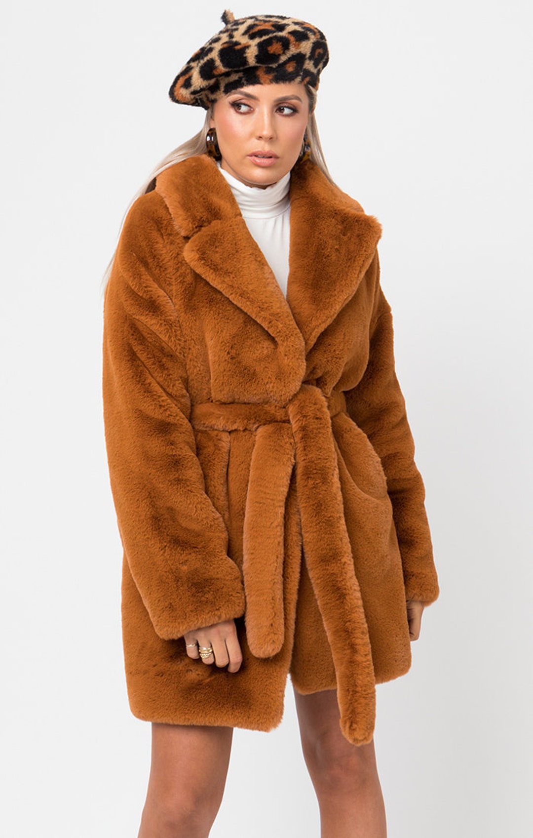 Ladies Super Soft Faux Fur Coat With Belt in Spice Colour 