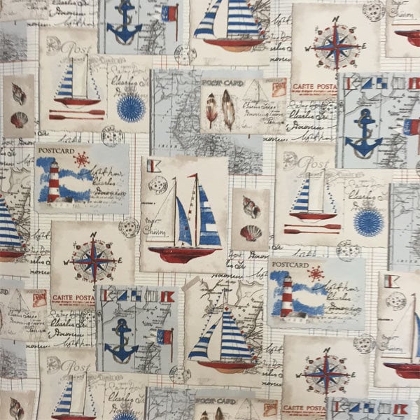 Tissu en toile riche en coton - Impression d'ancre de carte de boussole de bateaux nautiques - Mètre de matériau de tissu artisanal
