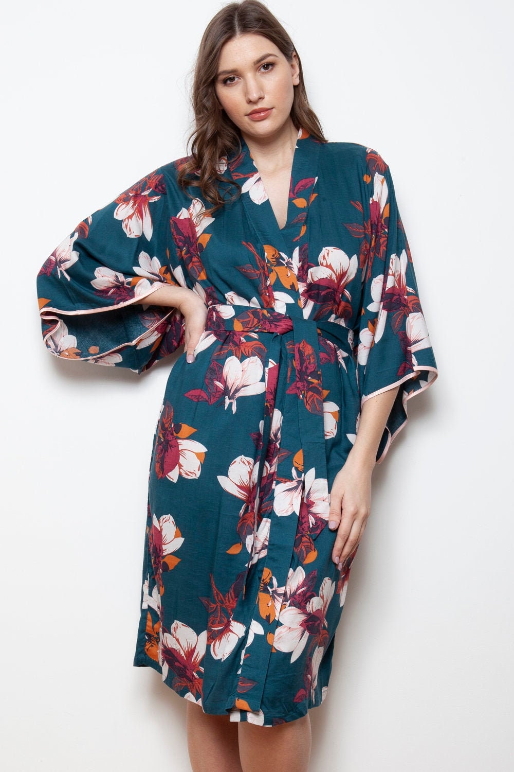 Image of Cottonreal Ladies Floral Kimono Wrap Dressing Gown in Teal - Matching Chemise Or Pajamas Available