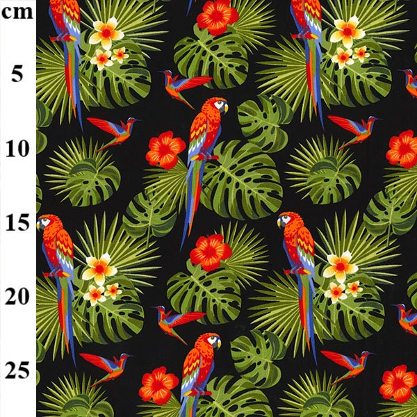 100% Cotton Fabric - Macaw Parrot Tropical Bird & Palm Leaf on Black - Craft Fabric Material Metre