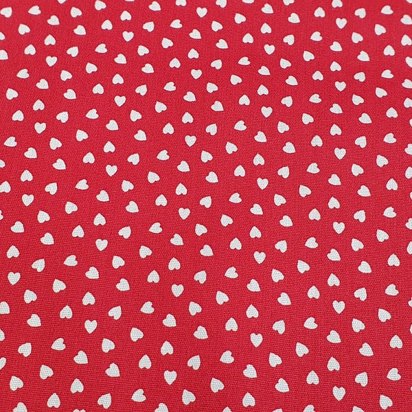 Cotton Fabric ~ Ditsy Love Hearts ~ White Hearts on Red ~ Cotton Poplin Craft Fabric Material Metre