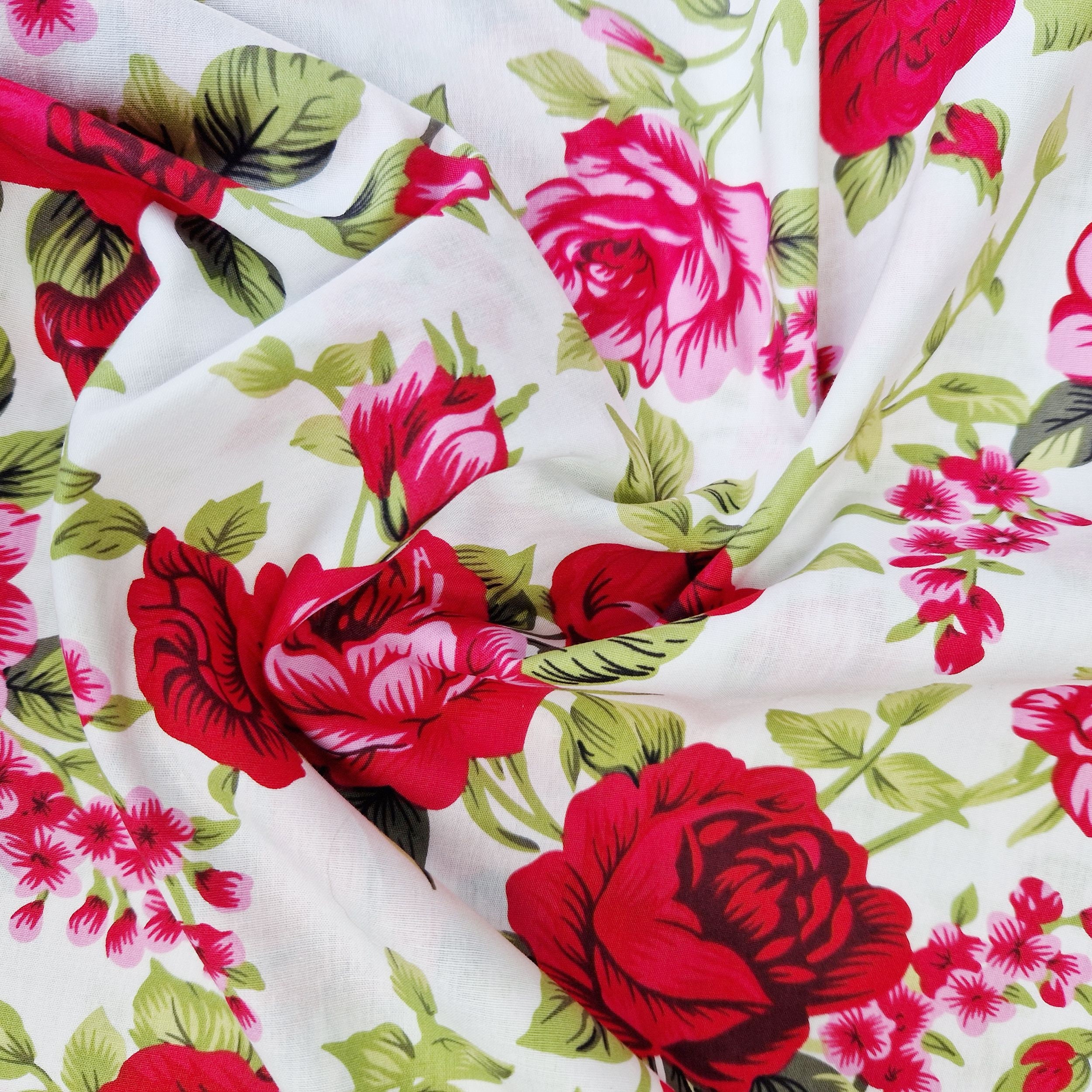 100% Cotton Fabric Red Rose on White Floral Print Craft Fabric Material -   Canada