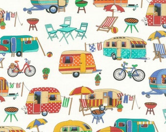 Nutex Fabric - Get Away Camping Caravans - Patchwork Quilting Dressmaking Craft Fabric