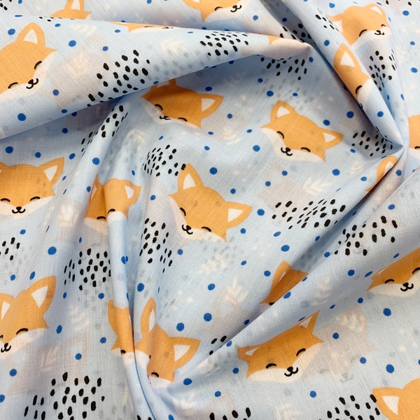 Polycotton Fabric - Cute Blushing Fox Print on Sky Blue - Craft Fabric Material by the Metre