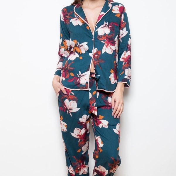 Ladies Womens Teal Protea Floral Cotton Pyjama Set 'Ghent' Cottonreal