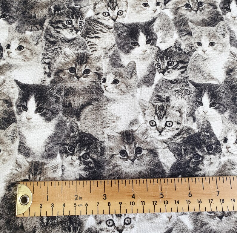 Cotton Canvas Fabric Cute Kittens Cats Print Black & White Etsy
