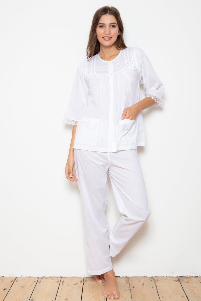 100% Cotton Victorian Style White Cotton Pyjama Set by Cottonreal Camas image 3