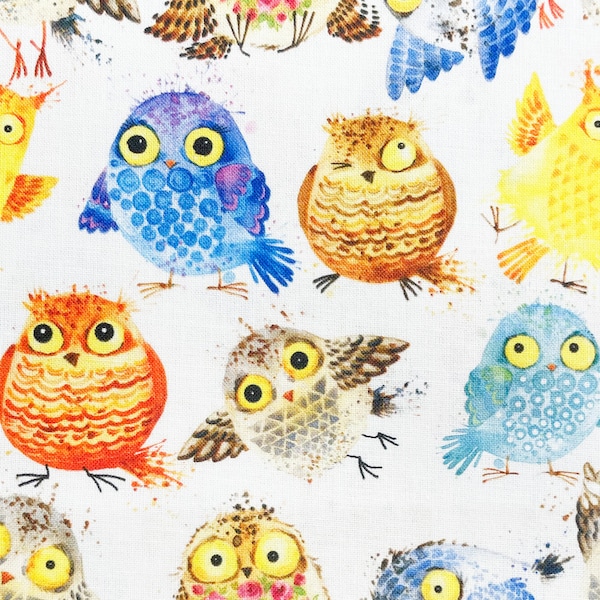 Cotton Fabric - Cute Multi Colour Baby Owls Birds Print - Craft Fabric Material Metre