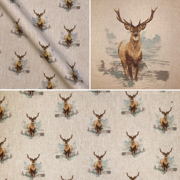 Majestic Stag Fabric - Linen Look Cotton Rich Cushion Panels + Matching Fabrics