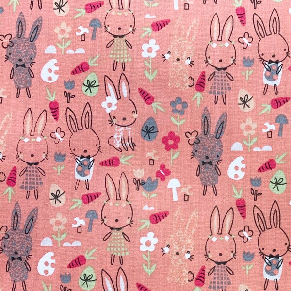 Tissu polycoton Sally - Adorable lapin de printemps rose - Tissu artisanal au mètre