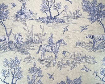 Cotton Rich Canvas Fabric - Country Toile Classic French Navy Blue Horse & Hound Design - Home Furnishing Material