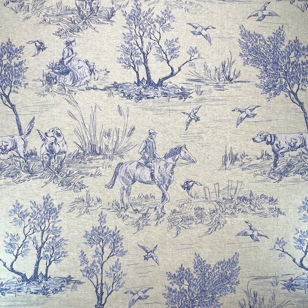 Cotton Rich Canvas Fabric - Country Toile Classic French Navy Blue Horse & Hound Design - Home Furnishing Material