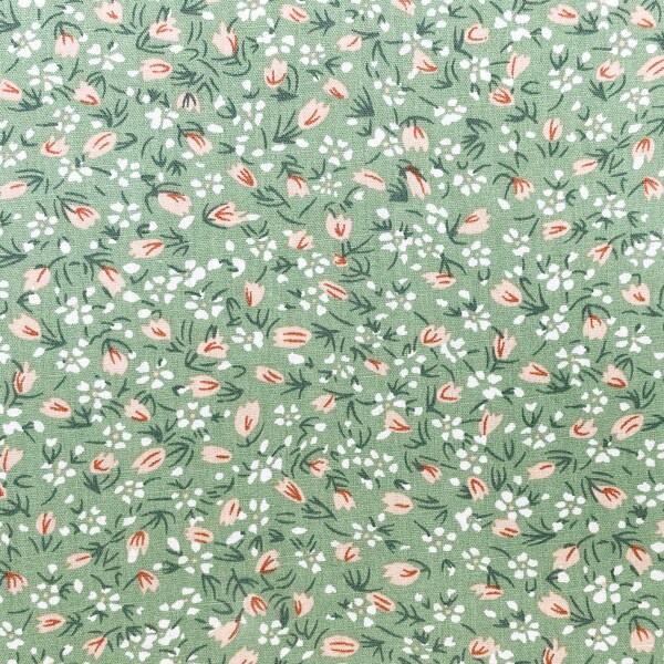 100% Cotton Fabric - Pink Ditsy Floral on Green Floral Craft Fabric Material Metre