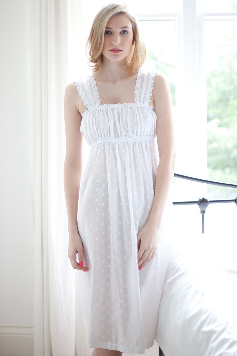 Vintage Slips | Long, Tea and knee Length Slips     White Cotton Nightdress Victorian Style Voile Jaquard Polka Dot Wide Strap Nightgown by Cottonreal (Jan) $56.33 AT vintagedancer.com