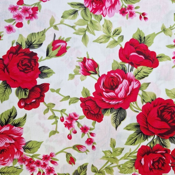 100% Cotton Fabric Red Rose on White Floral Print Craft Fabric Material 