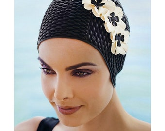 Retro Style Swim Cap - Fashy Swimming Hat with Flower Detail  - Vintage Style Bubble Swim Cap