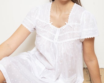 White Cotton Nightdress Victorian Style Voile Jaquard Polka Dot Cap Sleeve Nightgown by Cottonreal (Jane)