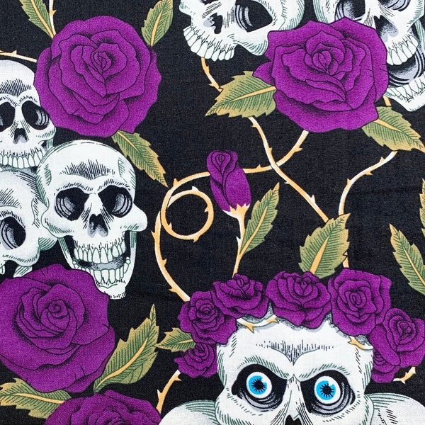 Halloween Fabric - Skulls & Purple Roses on Black - 100% Cotton Poplin (367EIA)