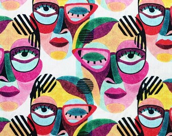 Cotton Fabric - Bright Multicoloured Abstract Faces - Digital Print Craft Fabric Material Metre