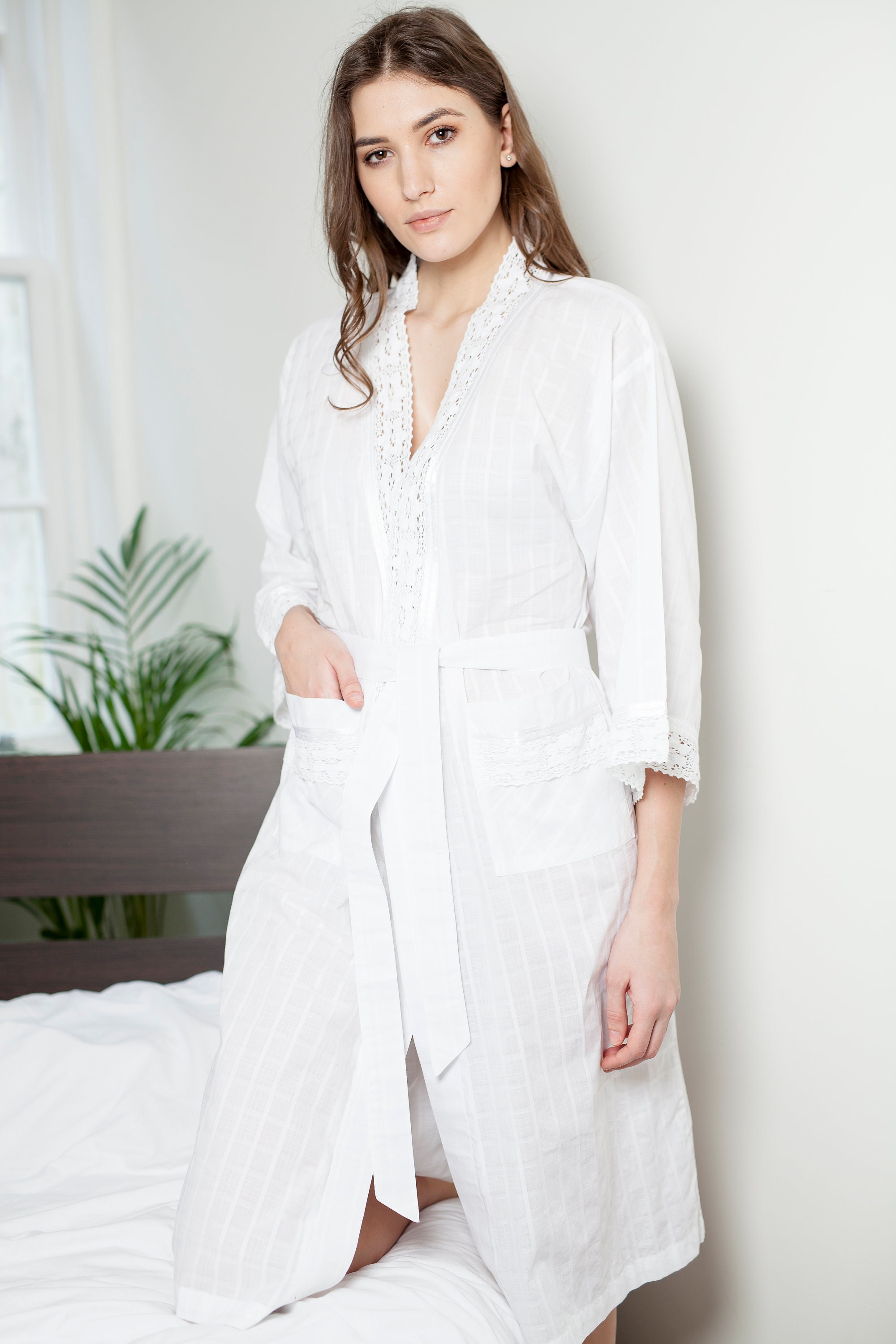 Image of Cottonreal "Yosef' Ladies White Cotton Jacquard Check Kimono Wrap Dressing Gown