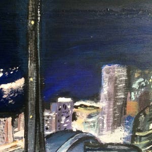 May include: A painting of a city skyline at night. The painting is done in a loose, expressive style, with bold strokes of blue, black, and white paint. The tallest building in the skyline is a skyscraper with a pointed top. The other buildings are shorter and more rounded. The painting is lit by the lights of the city, which create a warm glow in the night sky.