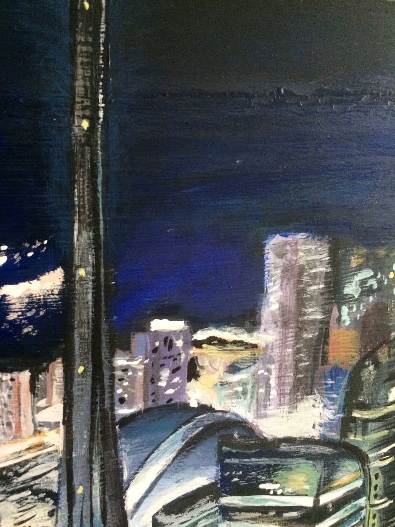 May include: A painting of a city skyline at night. The painting is done in a loose, expressive style, with bold strokes of blue, black, and white paint. The tallest building in the skyline is a skyscraper with a pointed top. The other buildings are shorter and more rounded. The painting is lit by the lights of the city, which create a warm glow in the night sky.