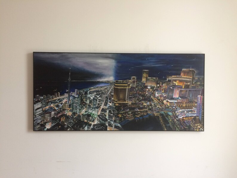 May include: A painting of a city skyline at night, with a mix of modern and traditional buildings. The sky is dark blue with a few stars visible. The city is lit up with lights, creating a vibrant and colorful scene.