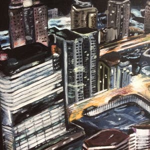May include: A painting of a city skyline at night. The buildings are painted in shades of gray, white, and black. The painting is done in a stylized, almost abstract style.