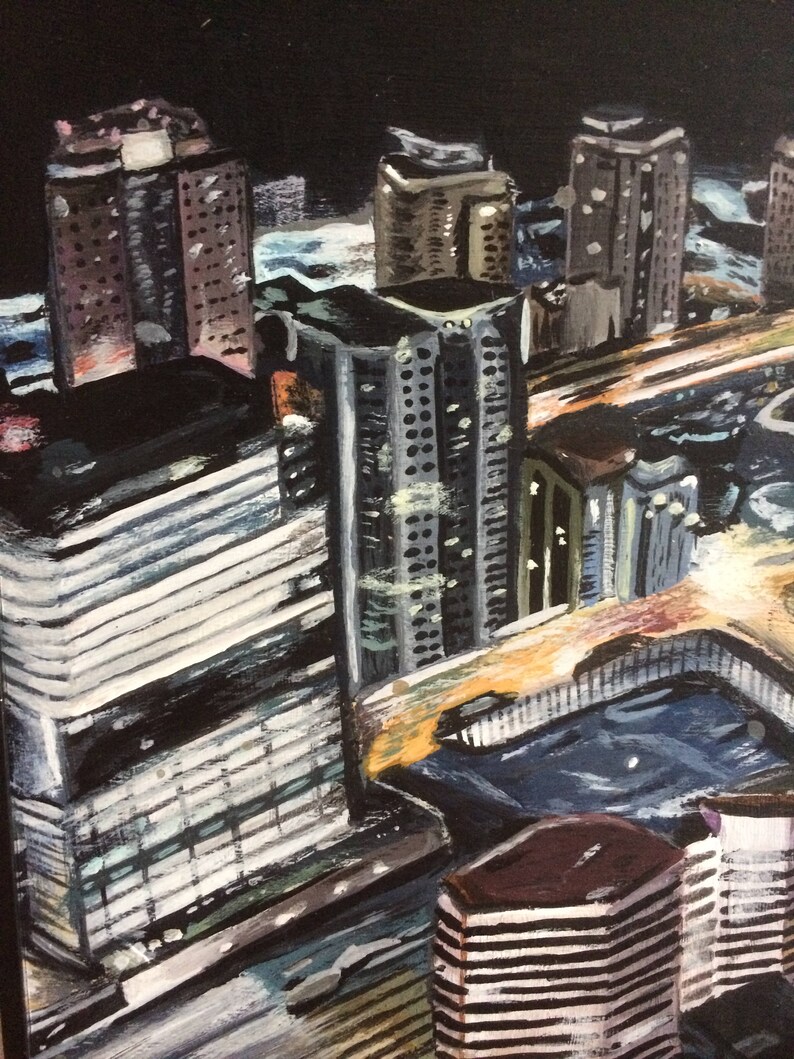 May include: A painting of a city skyline at night. The buildings are painted in shades of gray, white, and black. The painting is done in a stylized, almost abstract style.