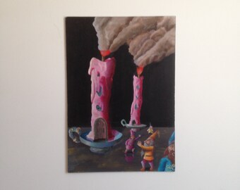Gnomes Leaving Burning Candle Homes, 13&quot; x 20&quot;, hardboard panel, 2014