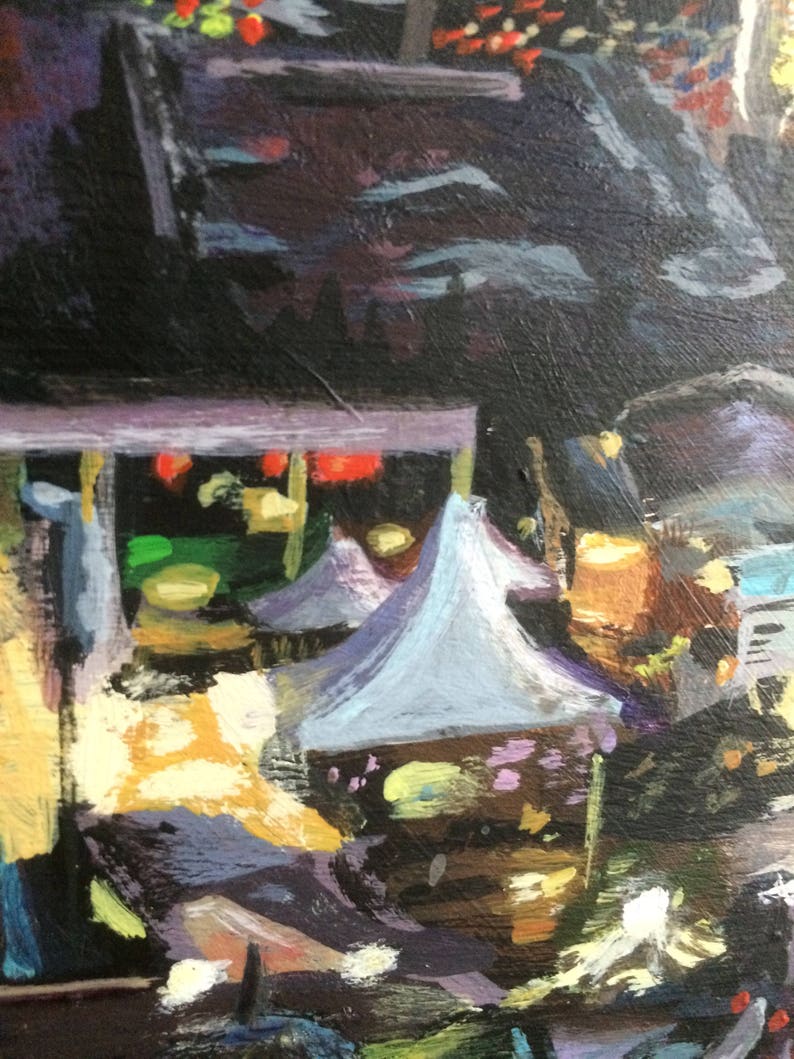 May include: A painting of a night market scene with colorful tents and lights. The painting is done in a loose, expressive style with bold brushstrokes.