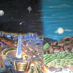 May include: A painting depicting a city skyline at night with a large obelisk in the foreground. The sky is dark blue with stars and a crescent moon. The city is lit up with streetlights and car headlights. The painting is divided in half, with the right side showing a daytime scene of a hillside town with a bright blue sky and a full moon.