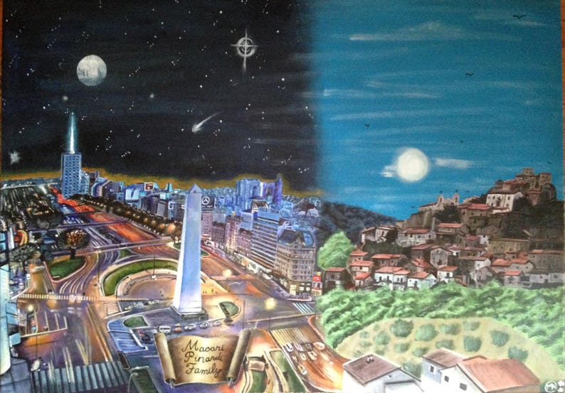 May include: A painting depicting a city skyline at night with a large obelisk in the foreground. The sky is dark blue with stars and a crescent moon. The city is lit up with streetlights and car headlights. The painting is divided in half, with the right side showing a daytime scene of a hillside town with a bright blue sky and a full moon.