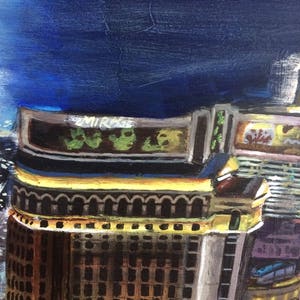 May include: A painting of a tall building with a sign that says "MIRAGE" in yellow letters. The building is made of brown brick and has many windows. The sky is blue and there are some white stars in the sky.