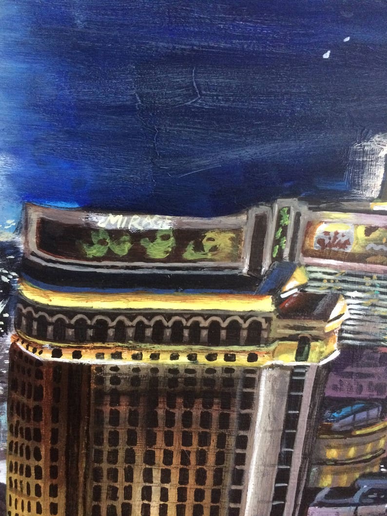 May include: A painting of a tall building with a sign that says "MIRAGE" in yellow letters. The building is made of brown brick and has many windows. The sky is blue and there are some white stars in the sky.