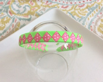 Headband, girls headband, toddler headband, Hand woven Diamond pattern in Hot pink, white polka dots and lime green  grosgrain ribbon.