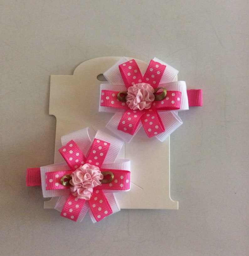 ribbon bows Soft pink ribbon flowers double layer bows Pretty pink flowers Ribbon lined small hair clip Hair bow Small clip pair