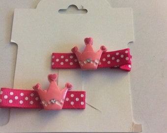 Hair clip pair, Princess crowns adorning Hot Pink and white polka dot Ribbon lined small alligator clip.