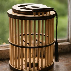 Puede incluir: Una jaula decorativa de madera con forma cilíndrica, con clavijas verticales y una parte superior circular. La jaula tiene un borde marrón oscuro y una borla negra. La jaula está hecha de madera clara.
