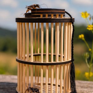 May include: A wooden insect cage with a black top and bottom, and vertical wooden bars. A black tassel hangs from the top. Two ladybugs and an insect are near the cage.